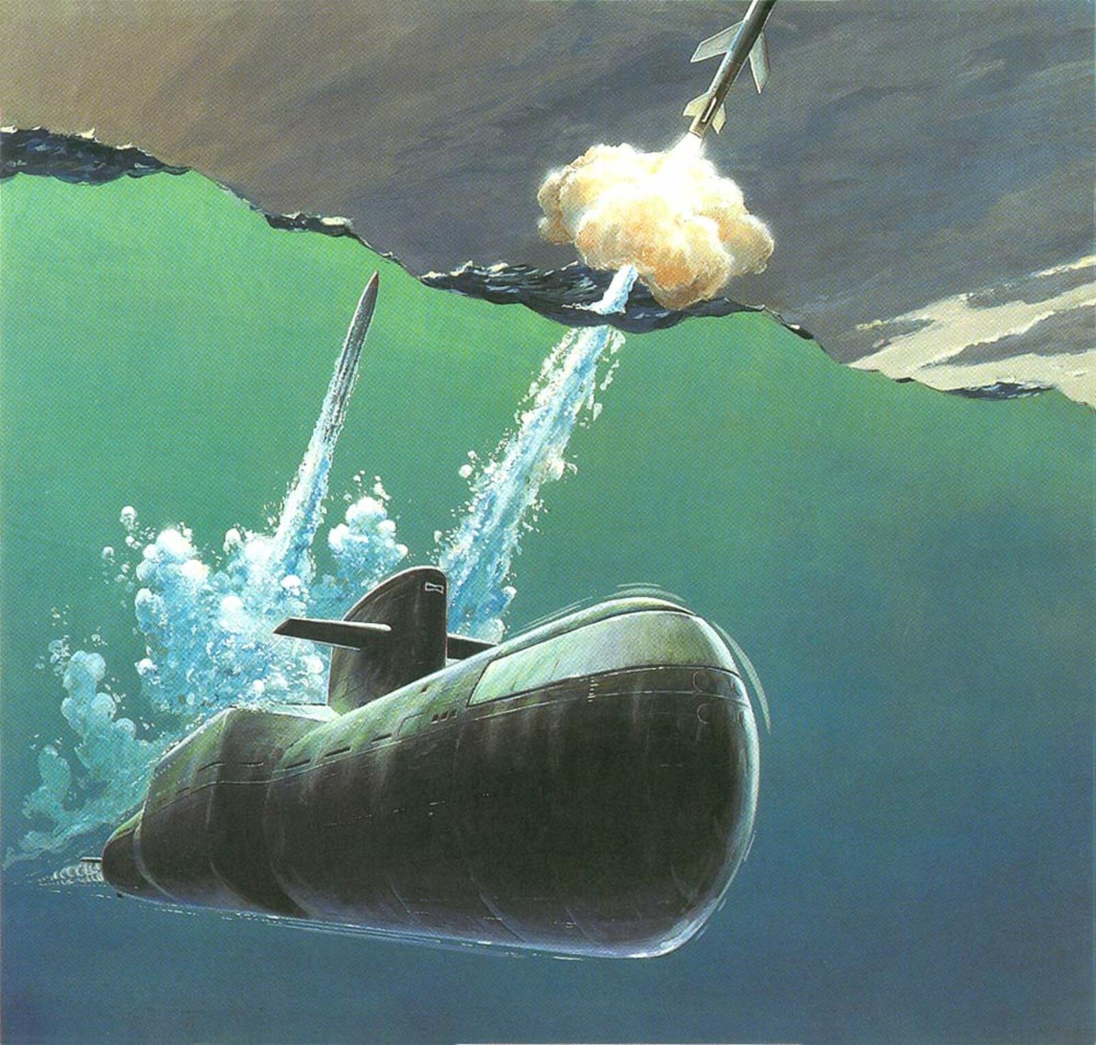 Рис. из издания Пентагона Soviet MilitaryPower, 1987 г. ПЛАРК К-420 пр. 667М YANKEE SIDECAR ведет огонь ракетами комплекса «Метеорит-М»