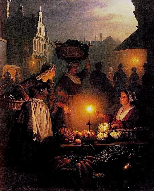 Петрус ван Шендель. «Ночной рынок», 1850 г. Масло по дереву, 69×52 см.