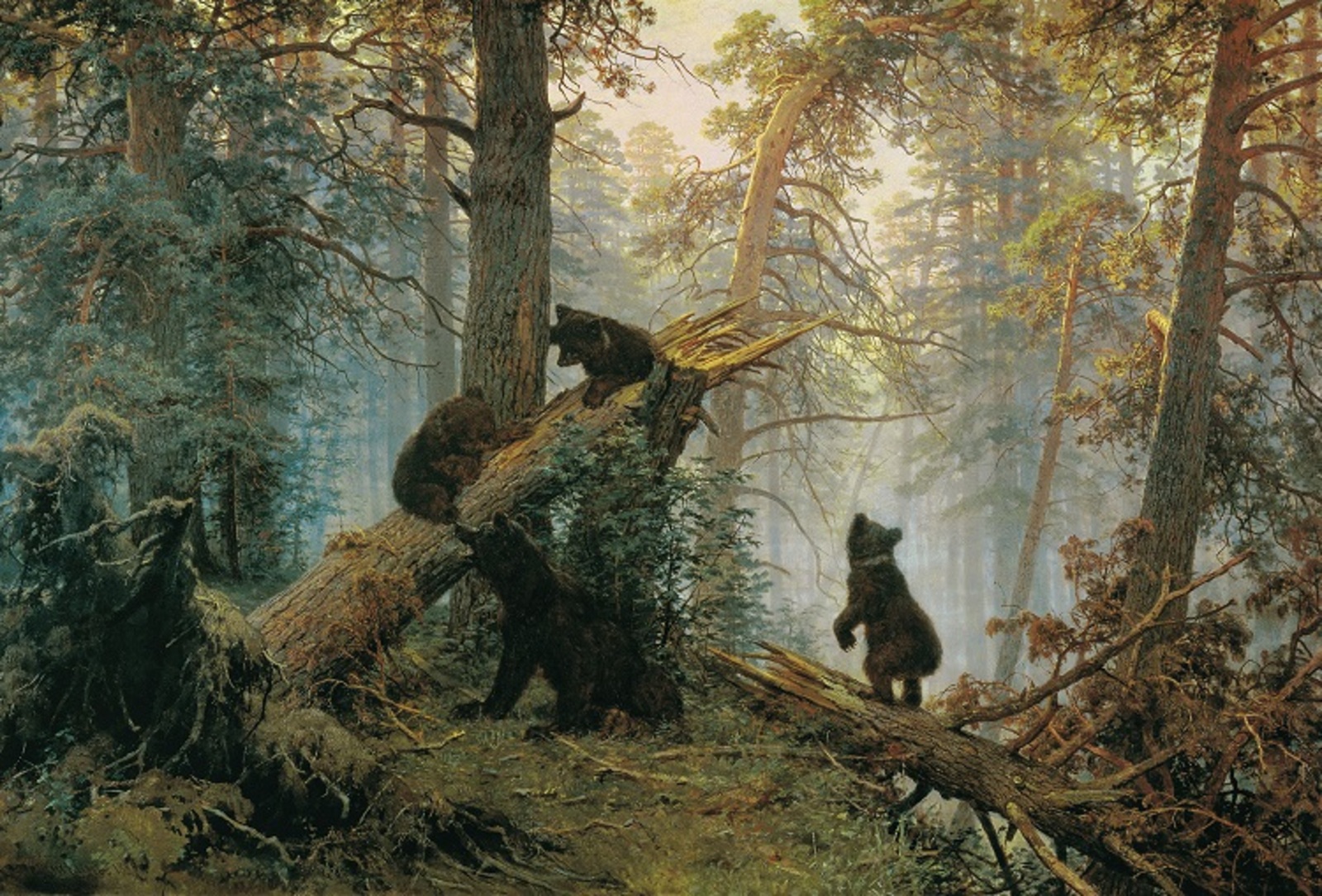 «Утро в сосновом лесу» (Иван Шишкин, Константин Савицкий, 1889, Третьяковская галерея, Москва, Общественное достояние)